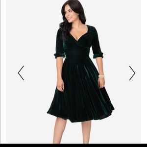 Unique Vintage Delores Swing Dress - Long Sleeve Green Velvet Midi Dress